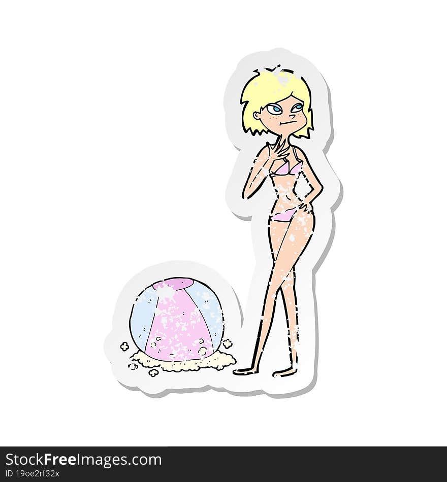 Retro Distressed Sticker Of A Cartoon Woman With Beachball