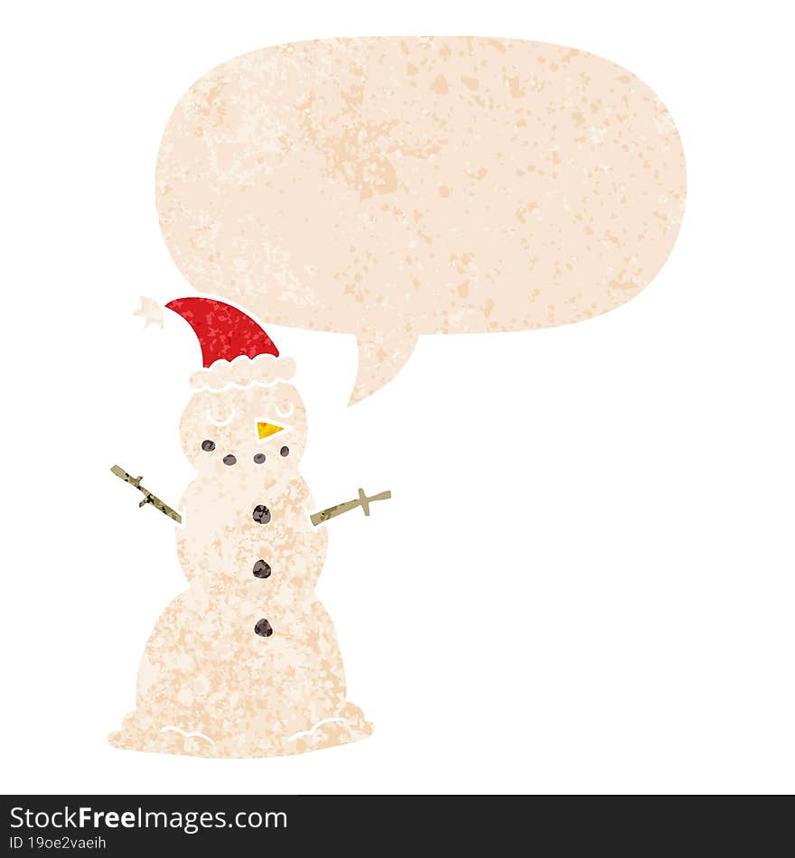 cartoon christmas snowman with speech bubble in grunge distressed retro textured style. cartoon christmas snowman with speech bubble in grunge distressed retro textured style