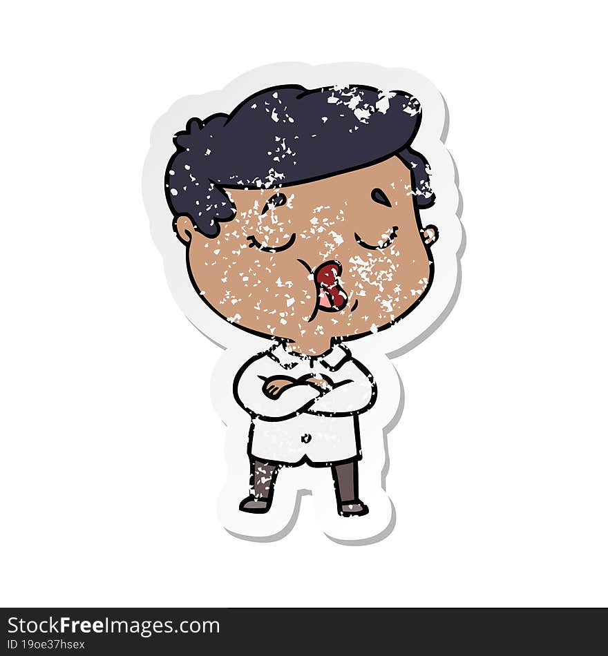 distressed sticker of a cartoon man talking