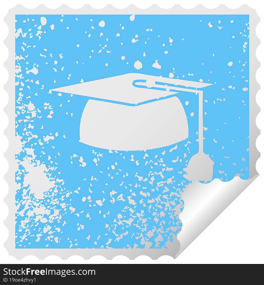 distressed square peeling sticker symbol of a graduation hat