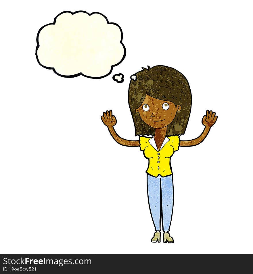 Cartoon Woman Holding Up Hands With Thought Bubble