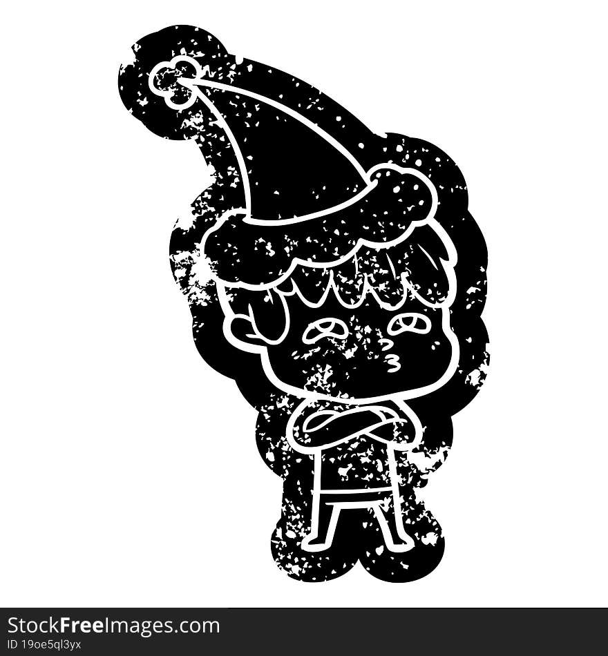 Cartoon Distressed Icon Of A Curious Man Wearing Santa Hat