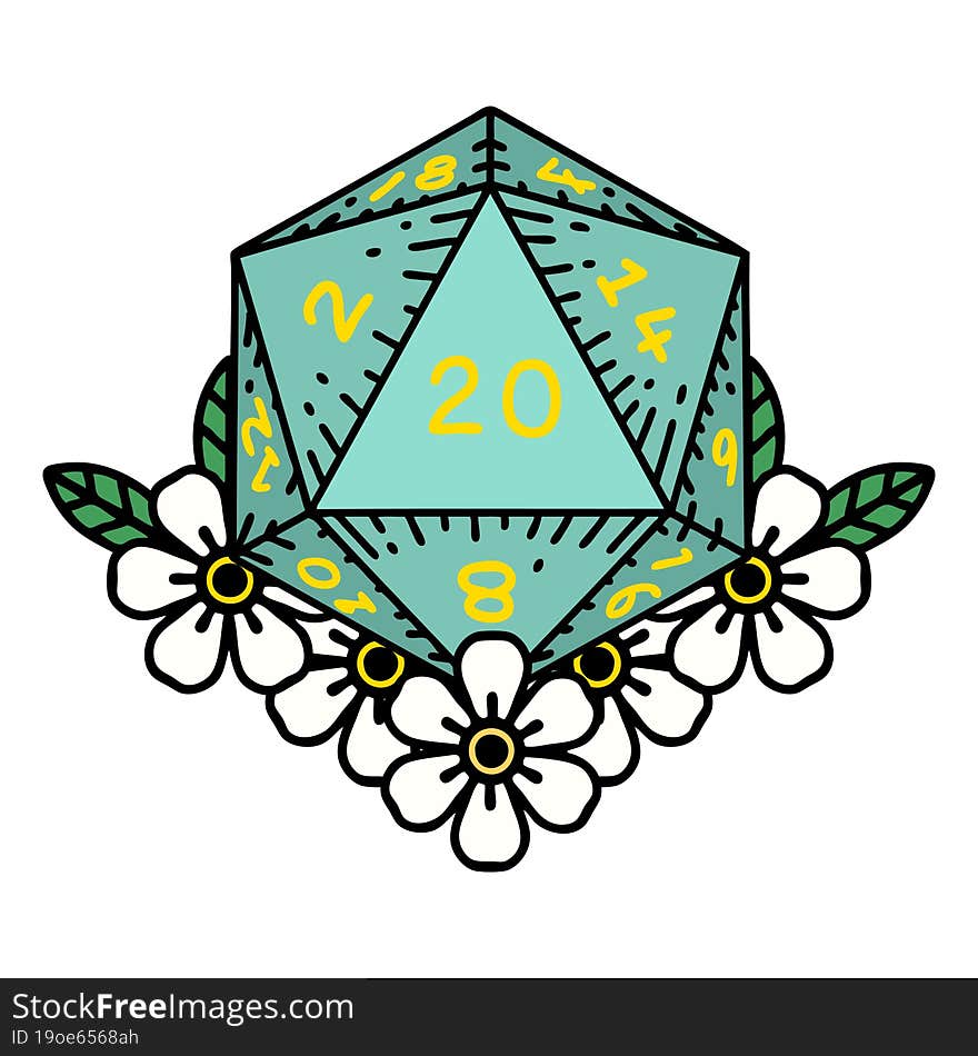 Retro Tattoo Style natural 20 D20 dice roll with floral elements. Retro Tattoo Style natural 20 D20 dice roll with floral elements