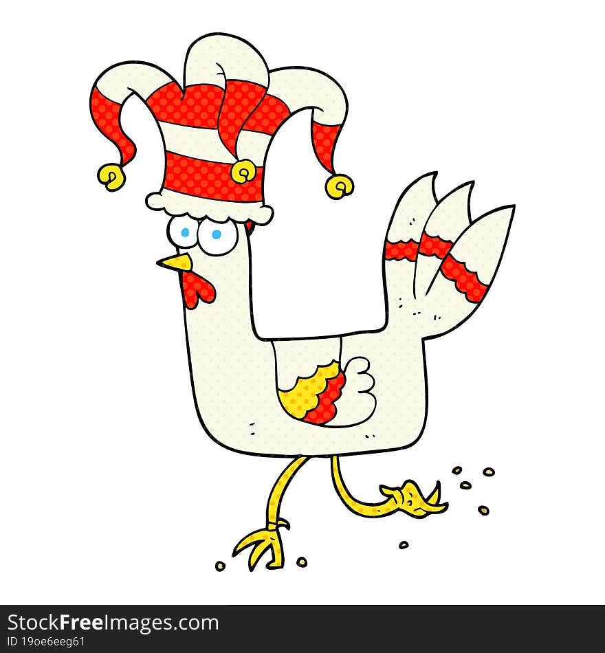 freehand drawn cartoon chicken running in funny hat