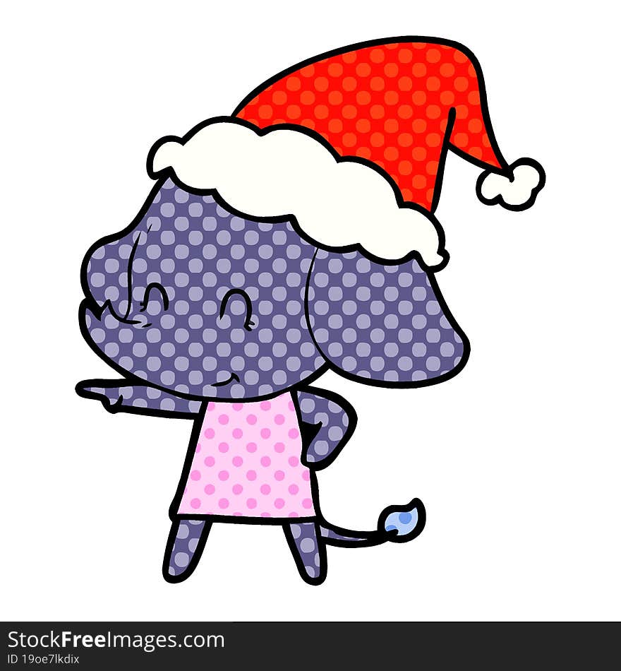 Cute Comic Book Style Illustration Of A Elephant Wearing Santa Hat