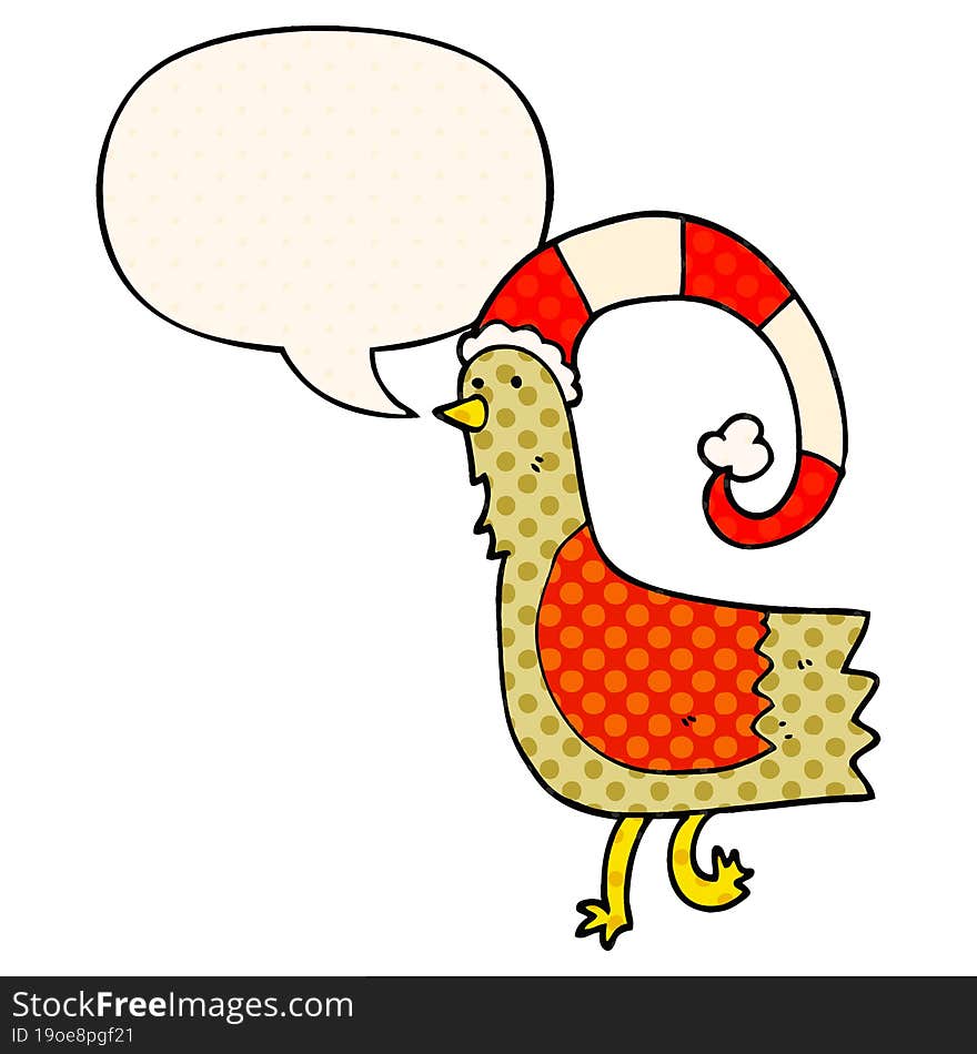 Caroton Chicken In Funny Christmas Hat And Speech Bubble In Comic Book Style