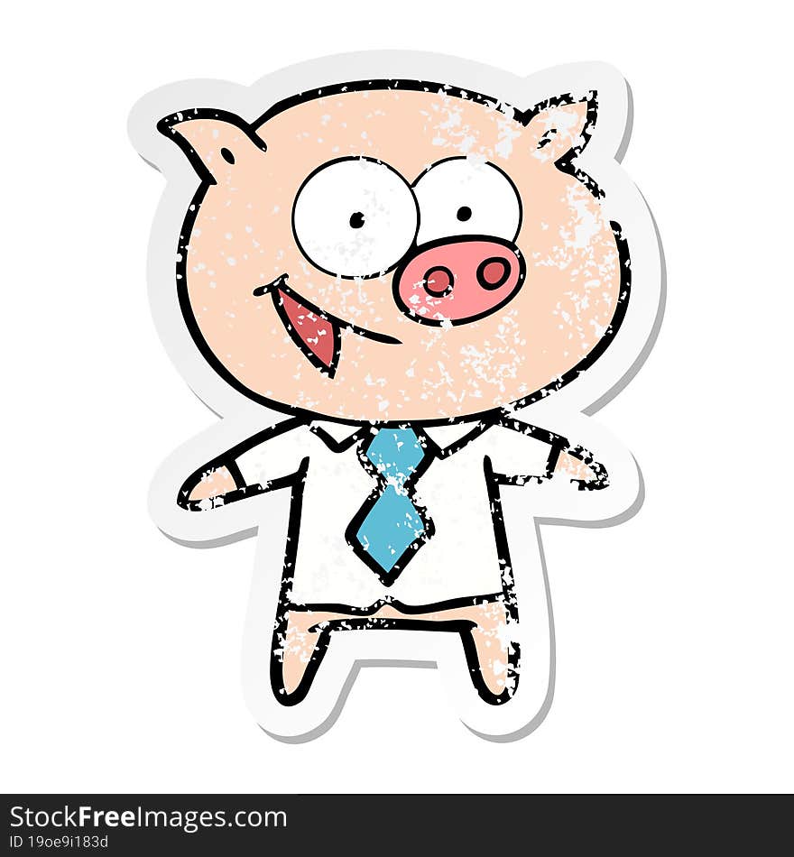 distressed sticker of a cheerful pig in office clothes