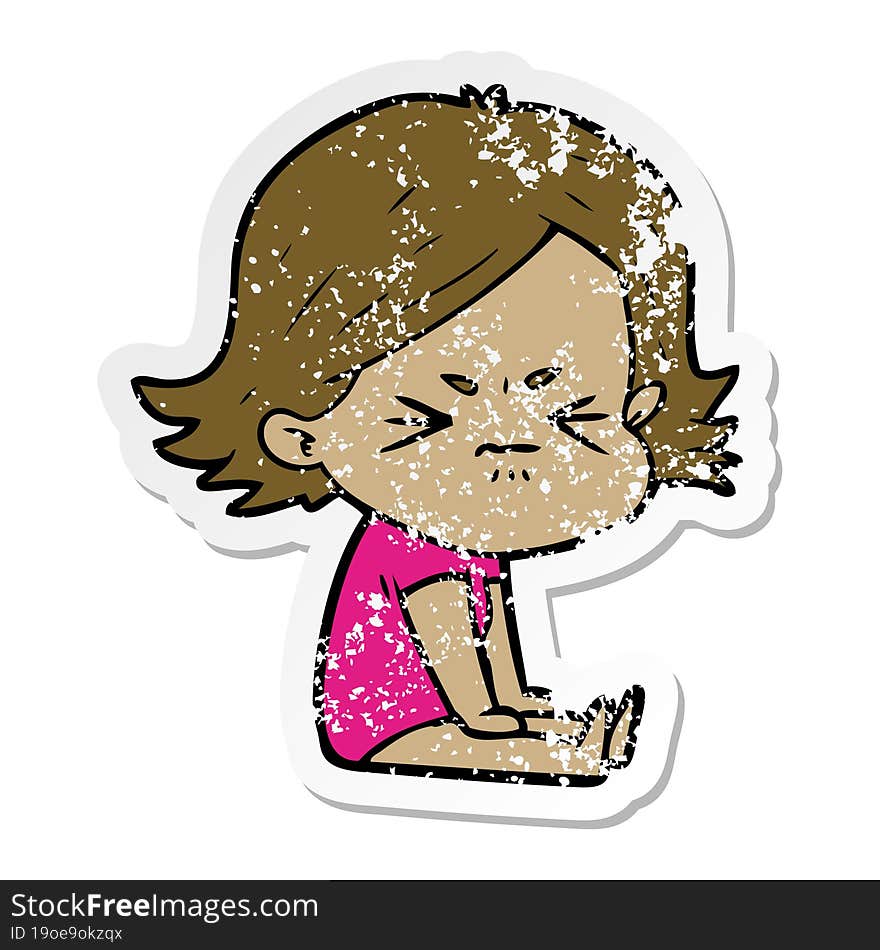 distressed sticker of a cartoon angry girl