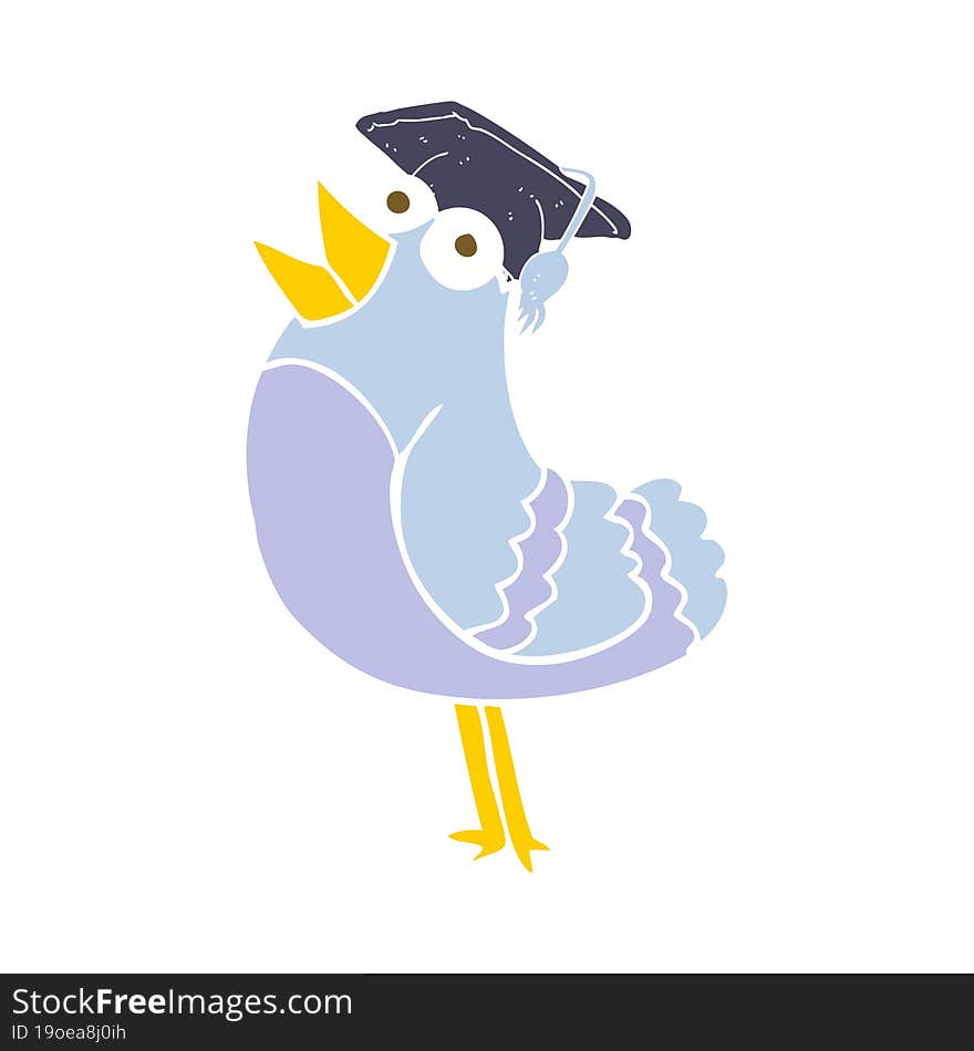 Flat Color Illustration Of A Cartoon Bird Wearing Graduation Cap