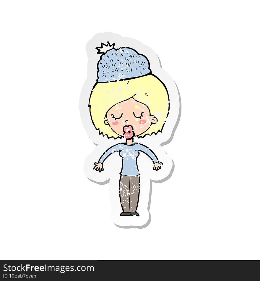 retro distressed sticker of a cartoon woman wearing winter hat