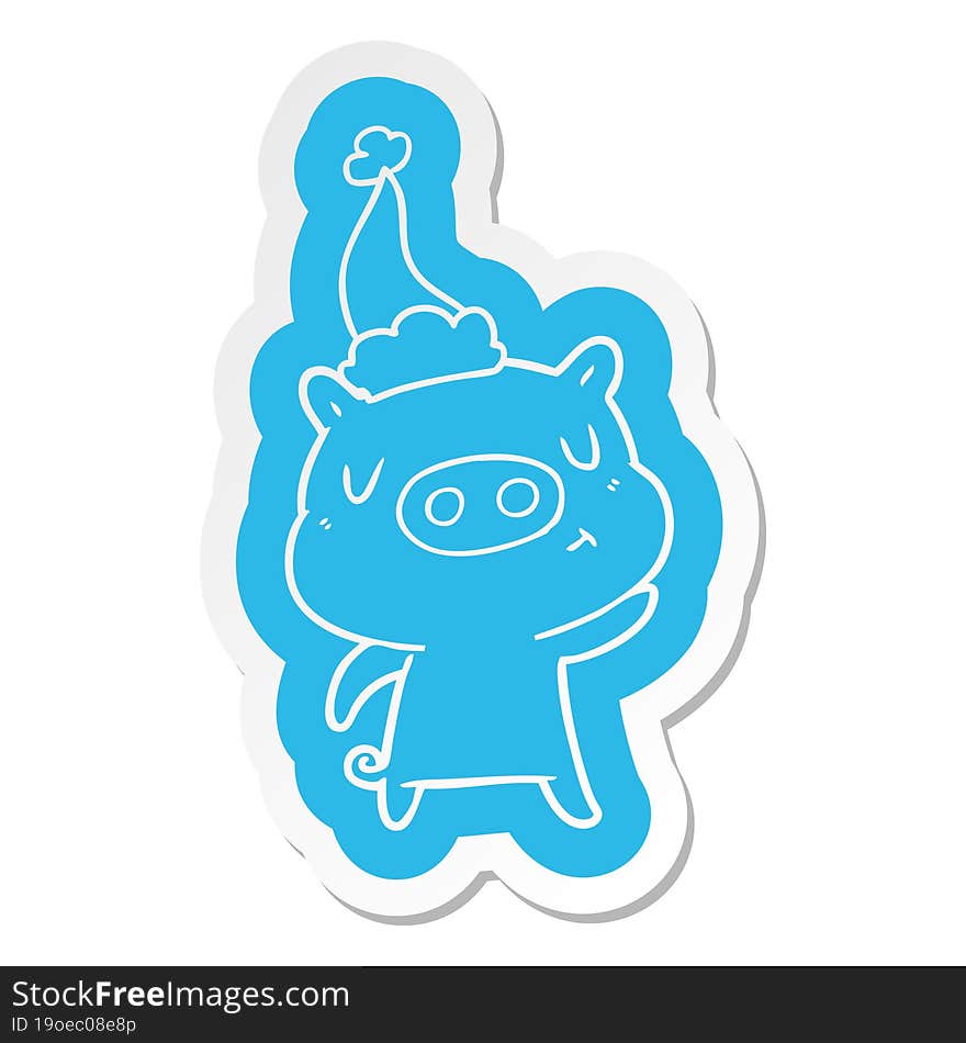 cartoon  sticker of a content pig wearing santa hat