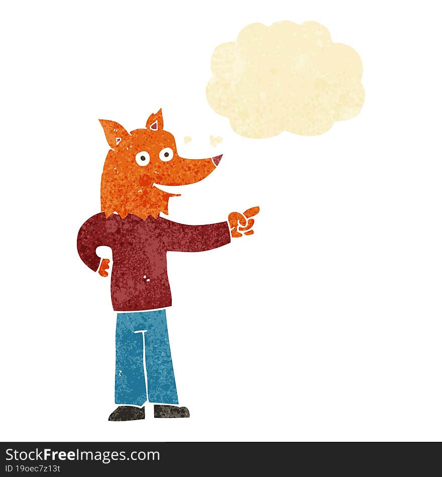 cartoon fox man pointing with thought bubble