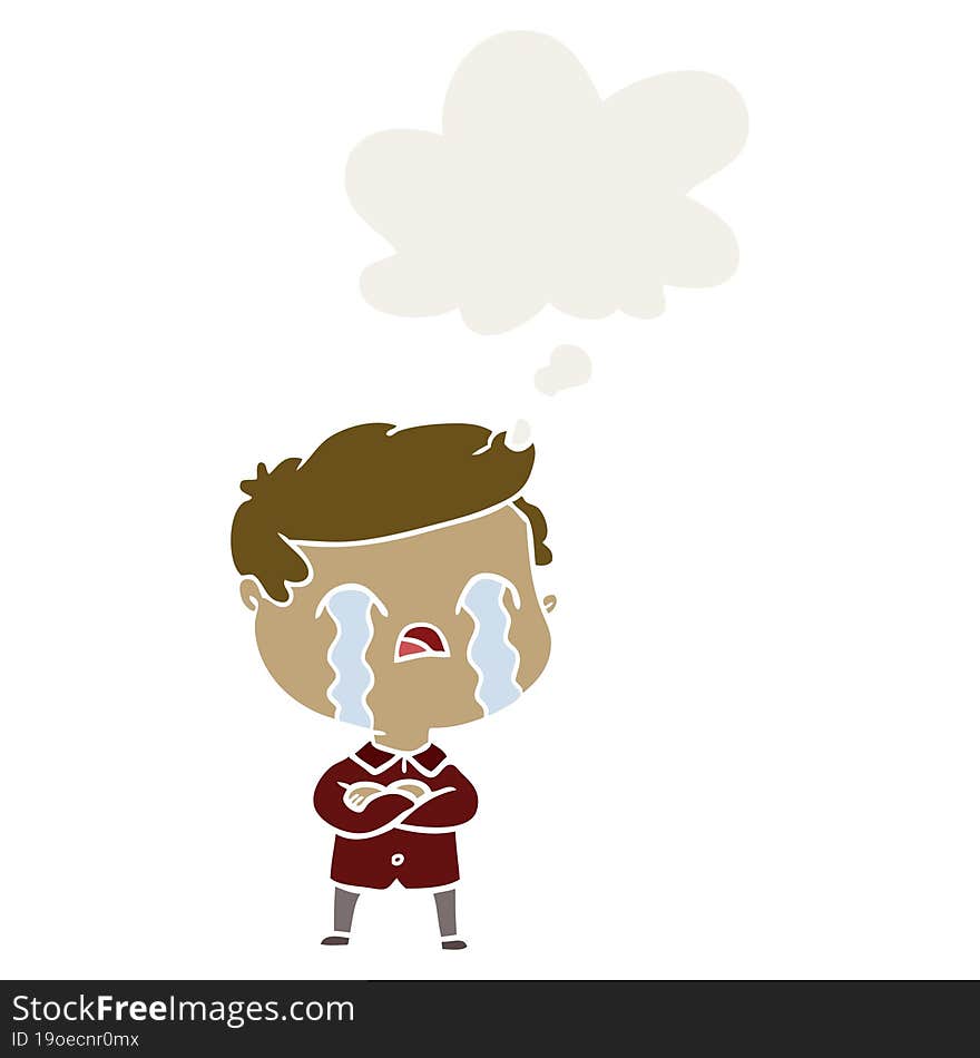 cartoon man crying and thought bubble in retro style