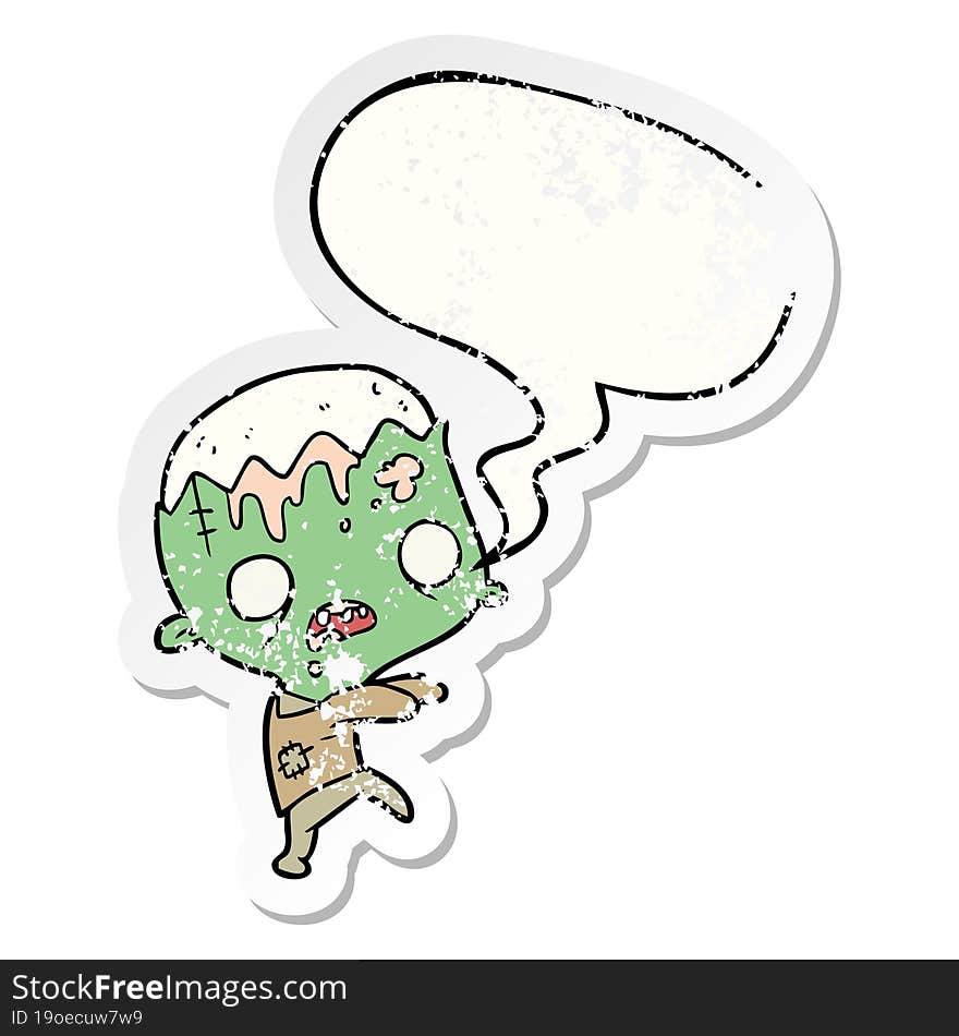 cute cartoon zombie and speech bubble distressed sticker