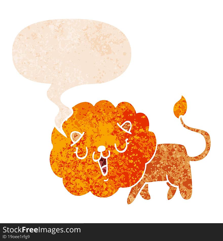 cute cartoon lion and speech bubble in retro textured style