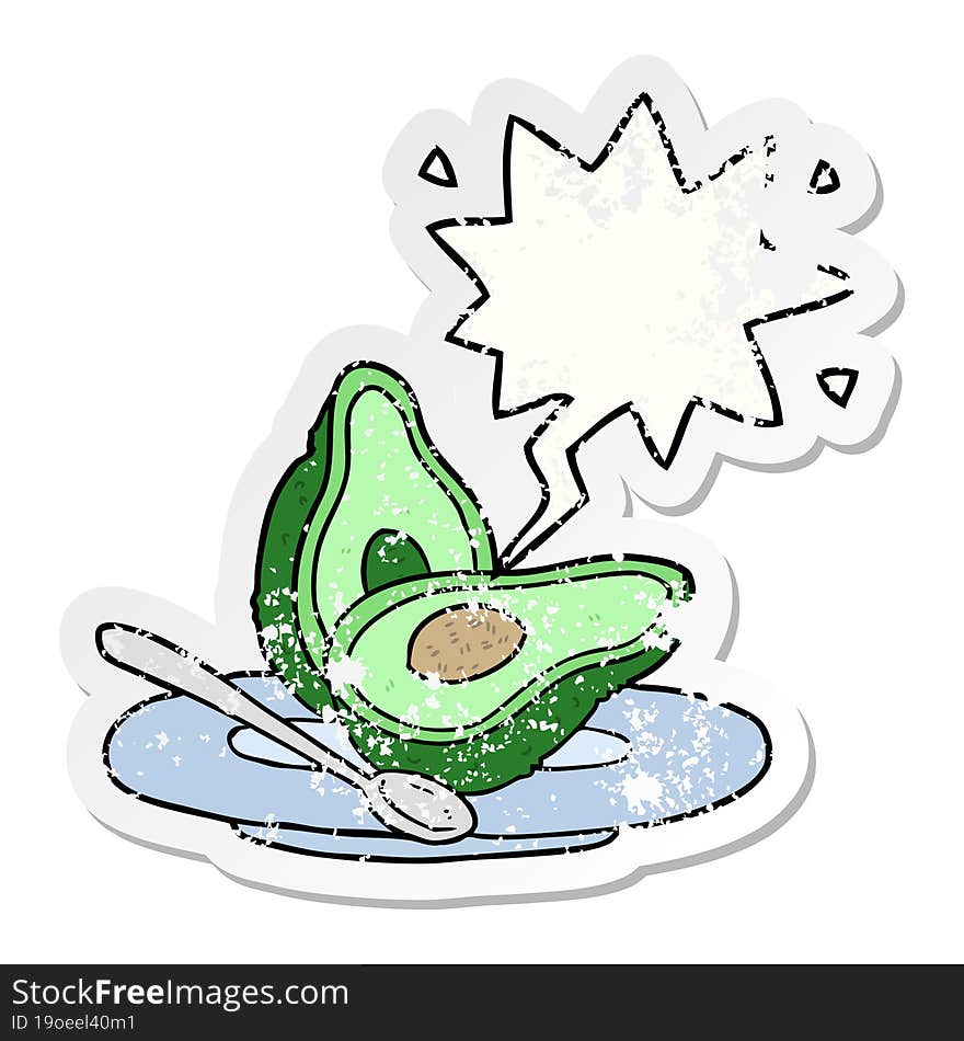 cartoon halved avocado and speech bubble distressed sticker