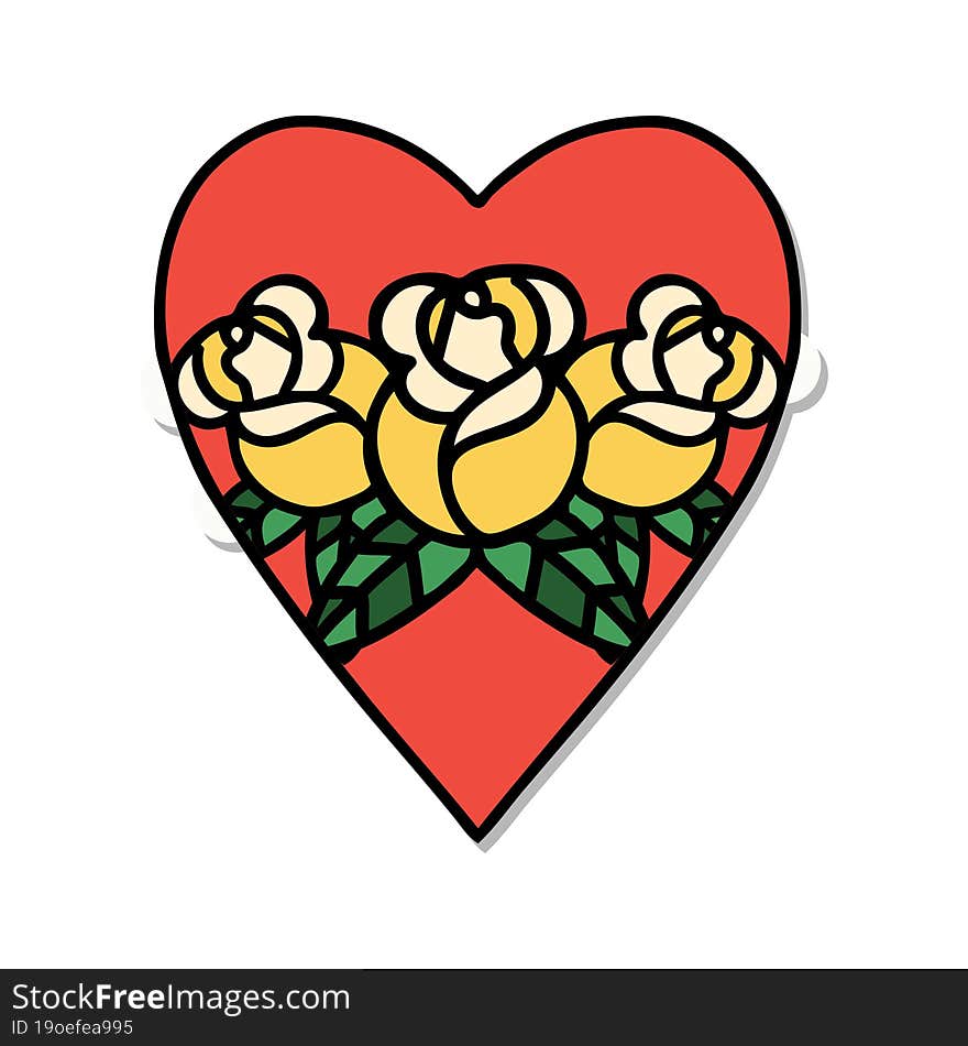 sticker of tattoo in traditional style of a heart and flowers. sticker of tattoo in traditional style of a heart and flowers