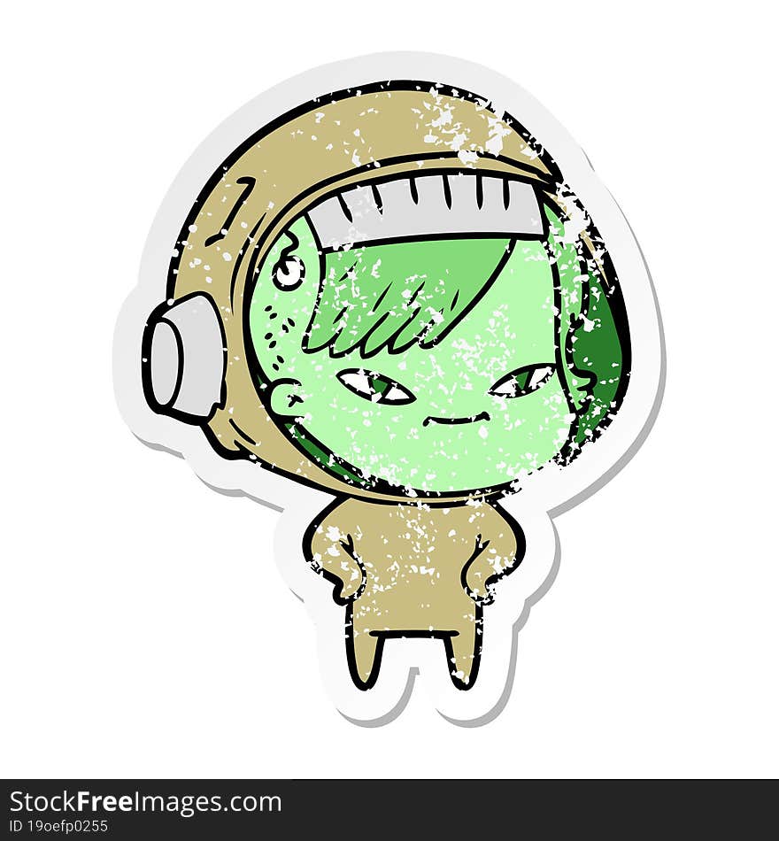 distressed sticker of a cartoon astronaut woman