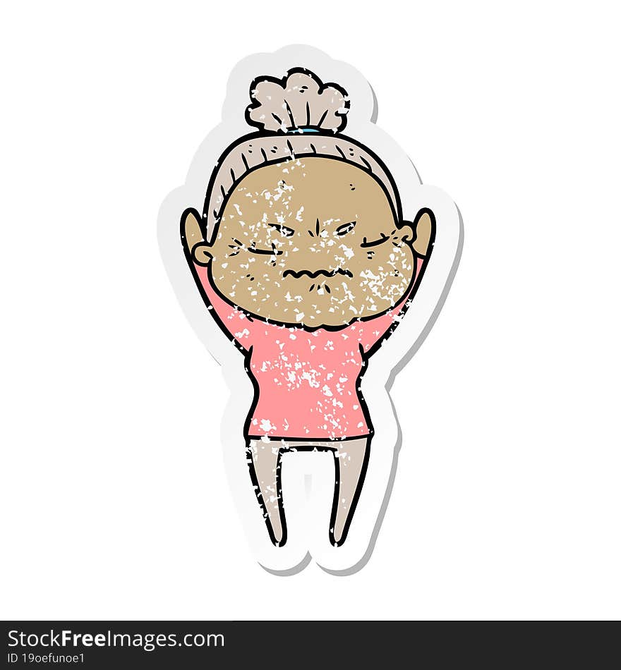 distressed sticker of a cartoon annoyed old lady