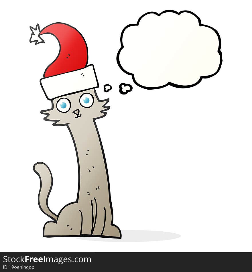 freehand drawn thought bubble cartoon cat in christmas hat