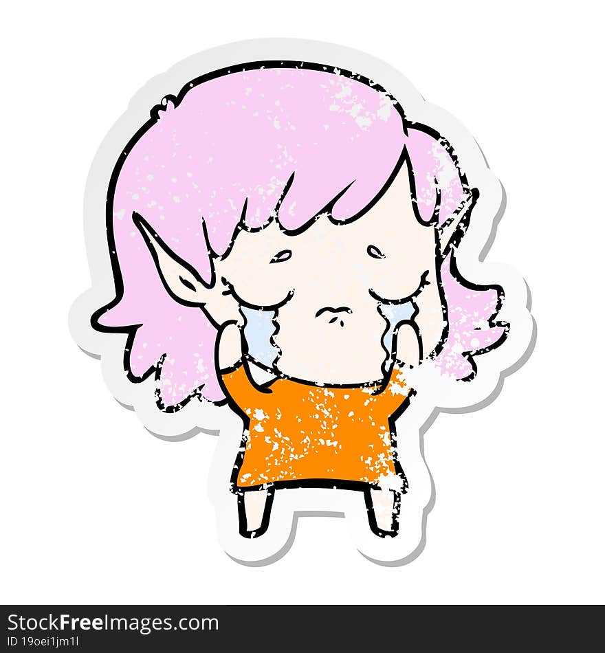 distressed sticker of a cartoon crying elf girl