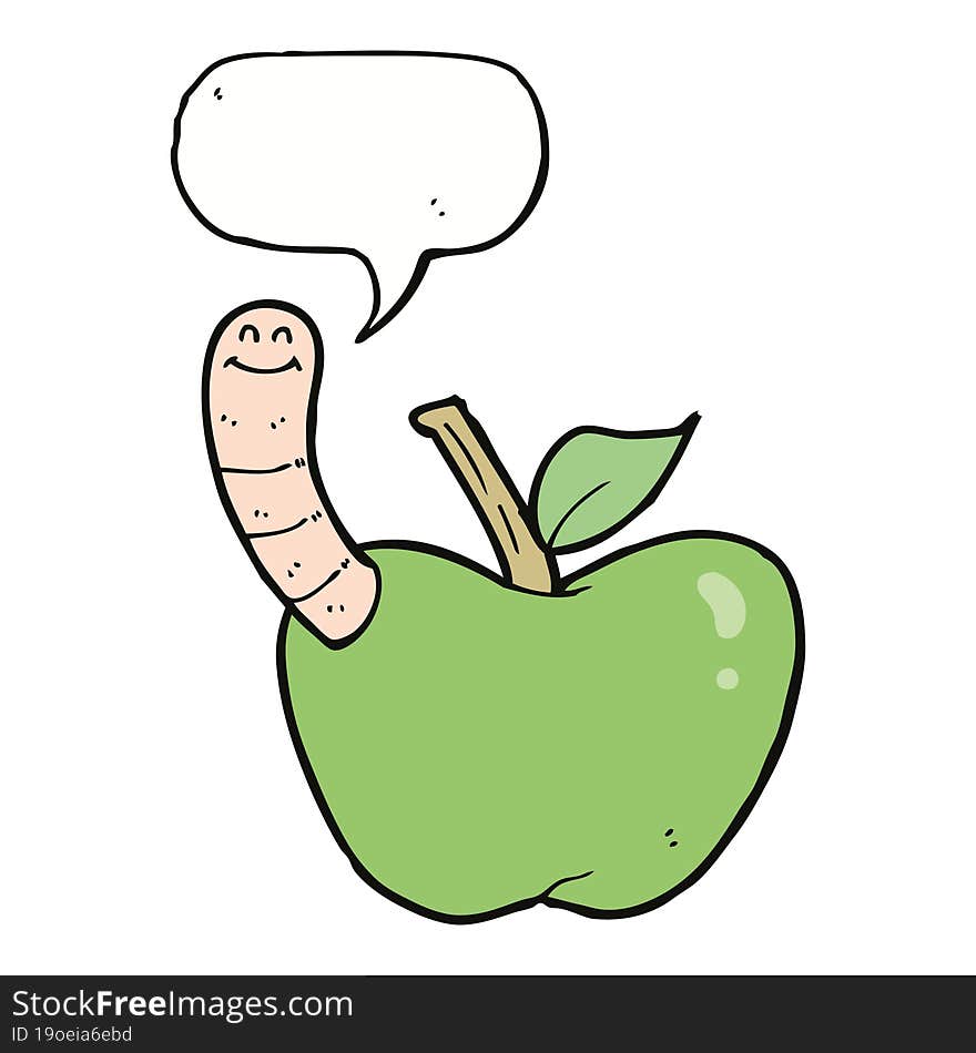 cartoon apple with worm with speech bubble