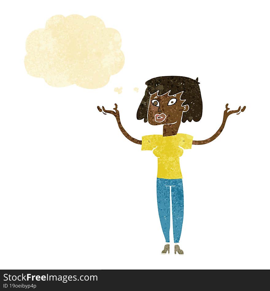 cartoon woman holding up hands with thought bubble