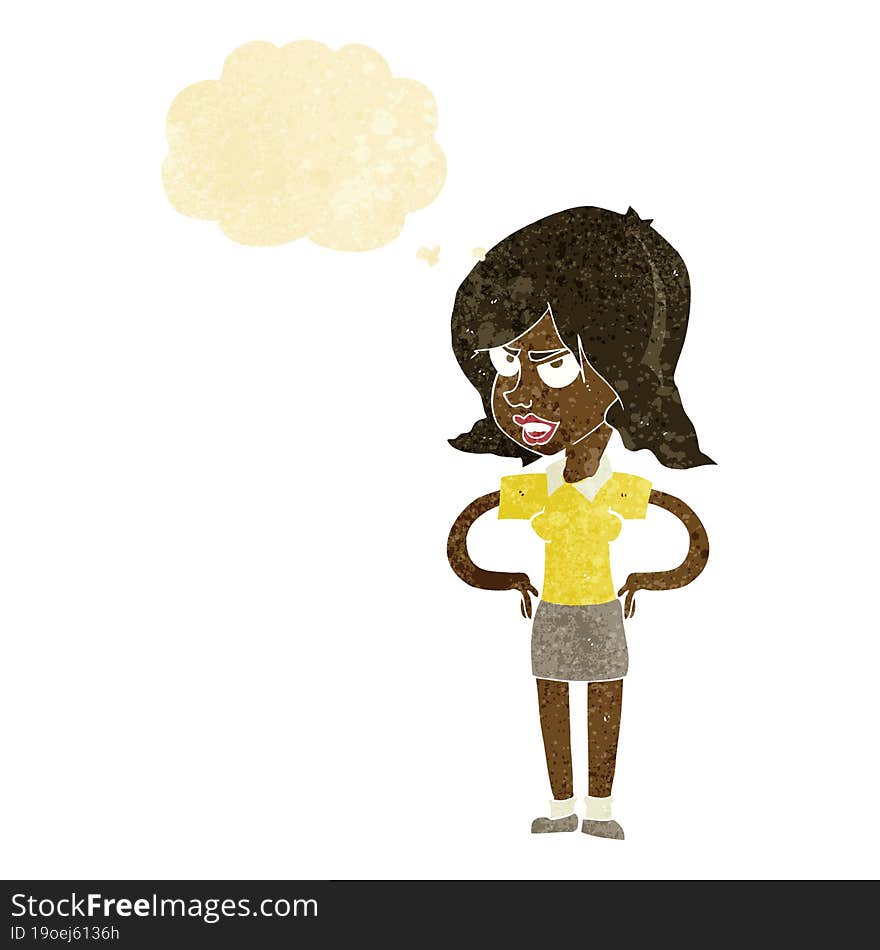 cartoon annoyed woman with hands on hips with thought bubble