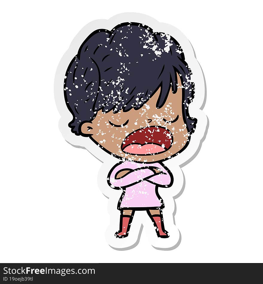 distressed sticker of a cartoon woman talking