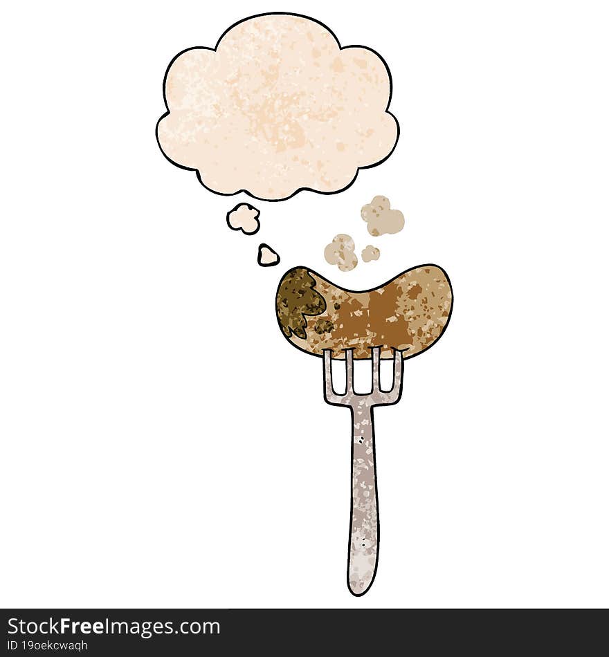 Cartoon Sausage And Fork And Thought Bubble In Grunge Texture Pattern Style