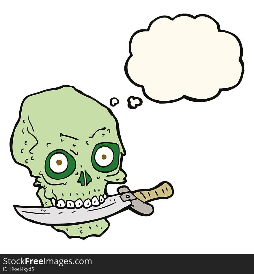 Cartoon Pirate Skull With Knife In Teeth With Thought Bubble