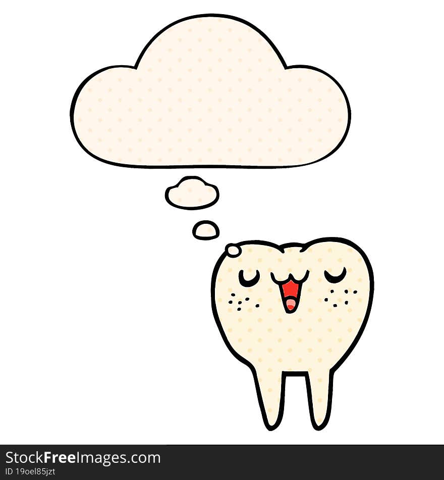 cartoon tooth with thought bubble in comic book style