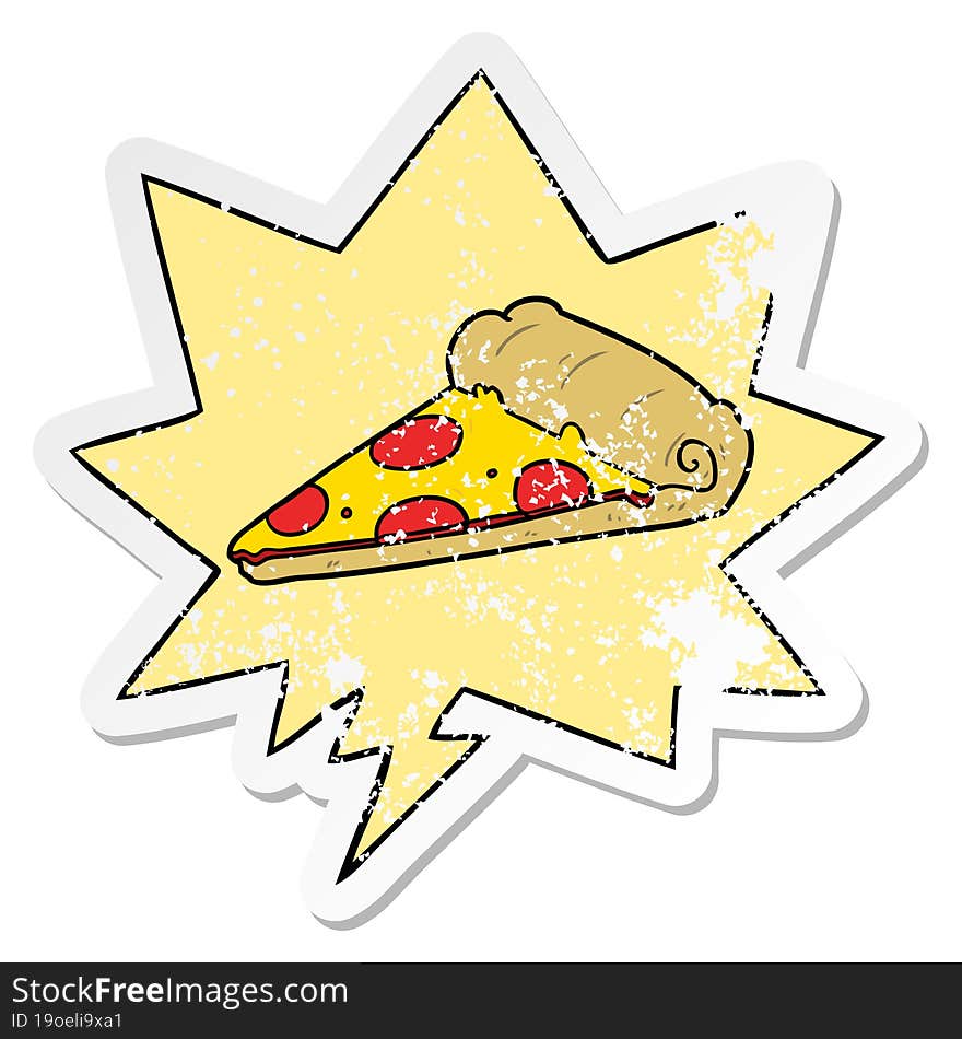 Cartoon Slice Of Pizza And Speech Bubble Distressed Sticker