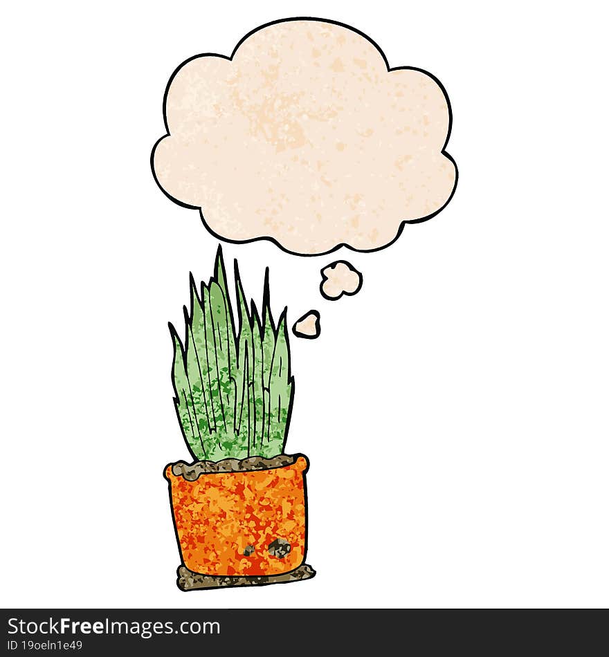 cartoon house plant and thought bubble in grunge texture pattern style