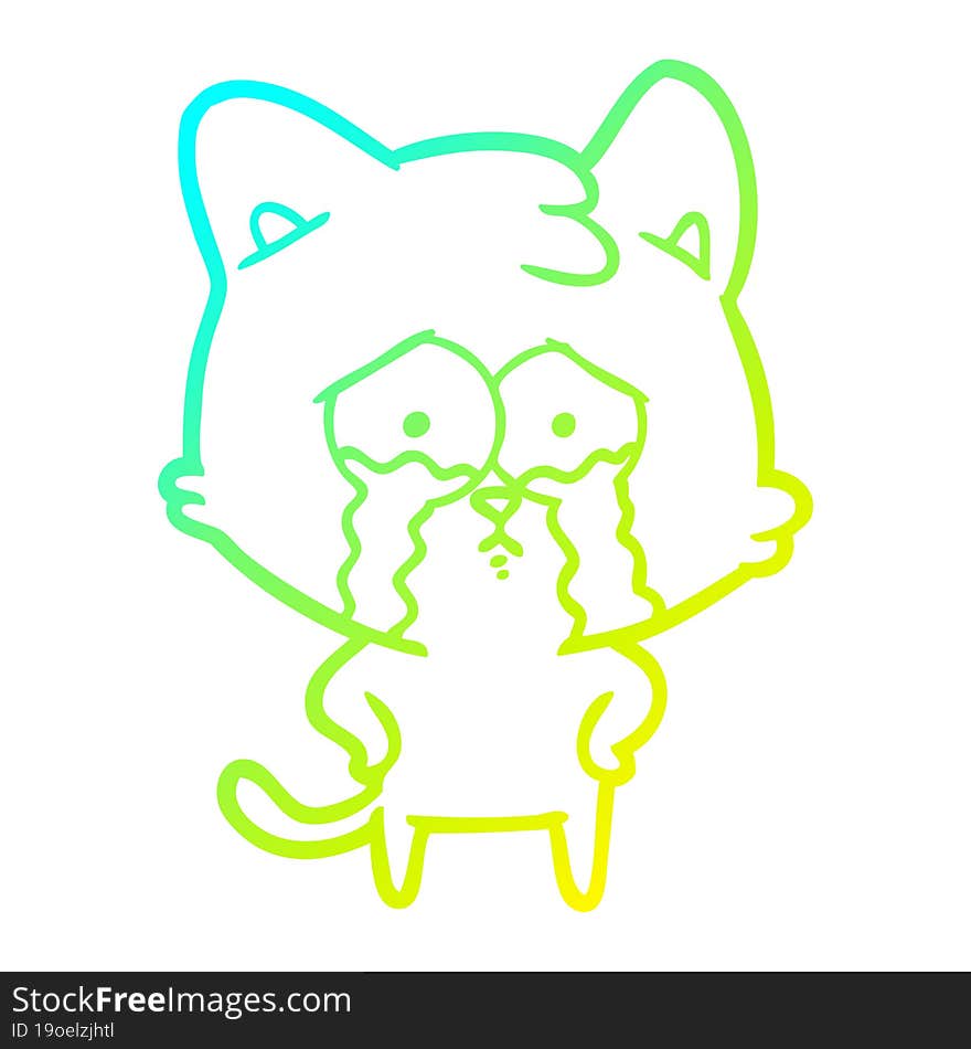 Cold Gradient Line Drawing Cartoon Crying Cat