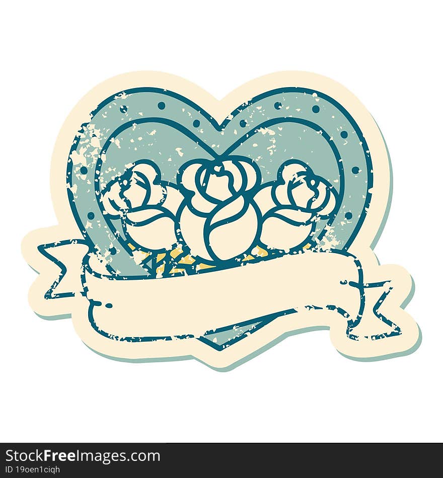 distressed sticker tattoo style icon of a heart and banner with flowers