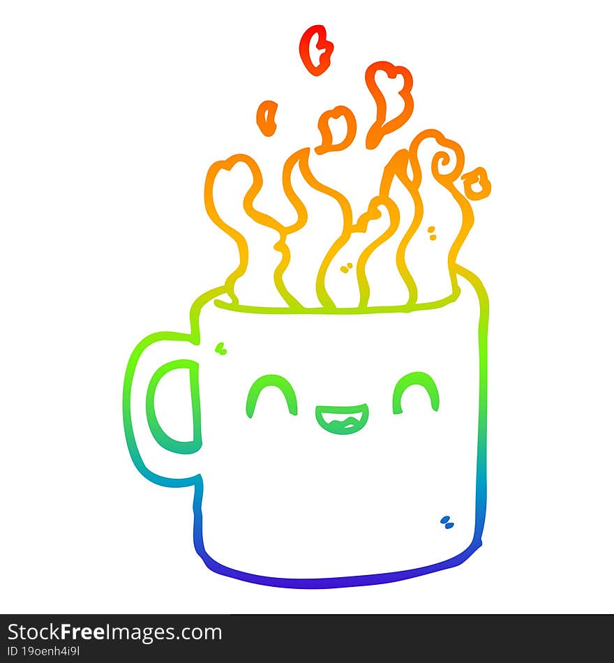 rainbow gradient line drawing cartoon hot cup of coffee