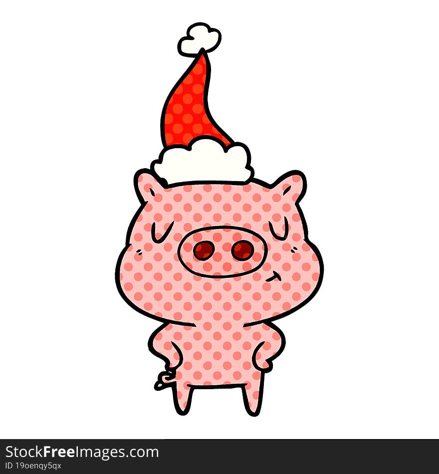 comic book style illustration of a content pig wearing santa hat