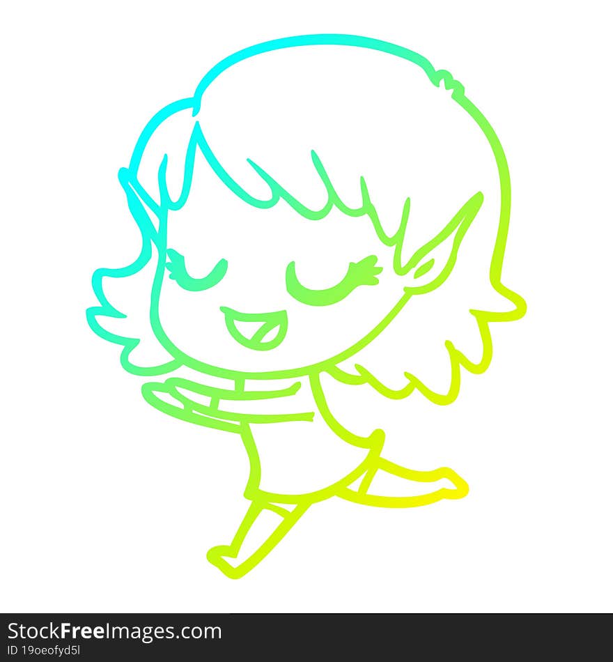 cold gradient line drawing happy cartoon elf girl running