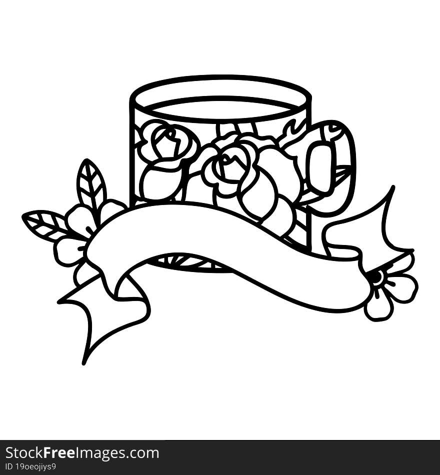 black linework tattoo with banner of a cup and flowers