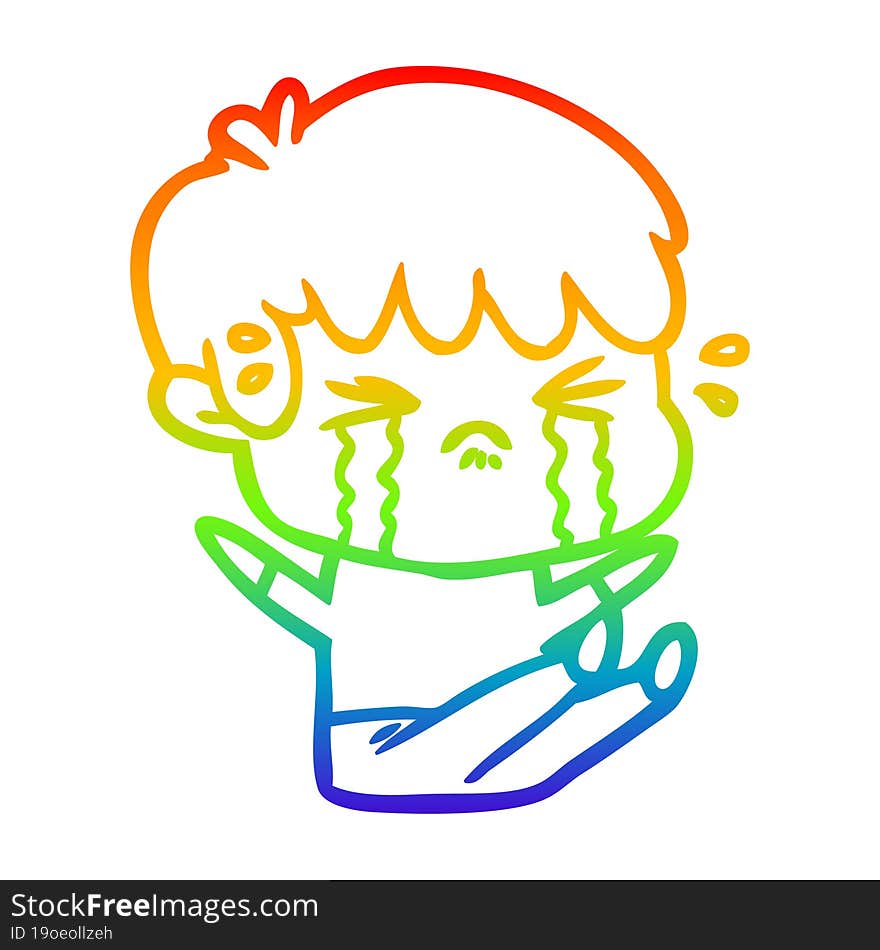 rainbow gradient line drawing of a cartoon boy crying