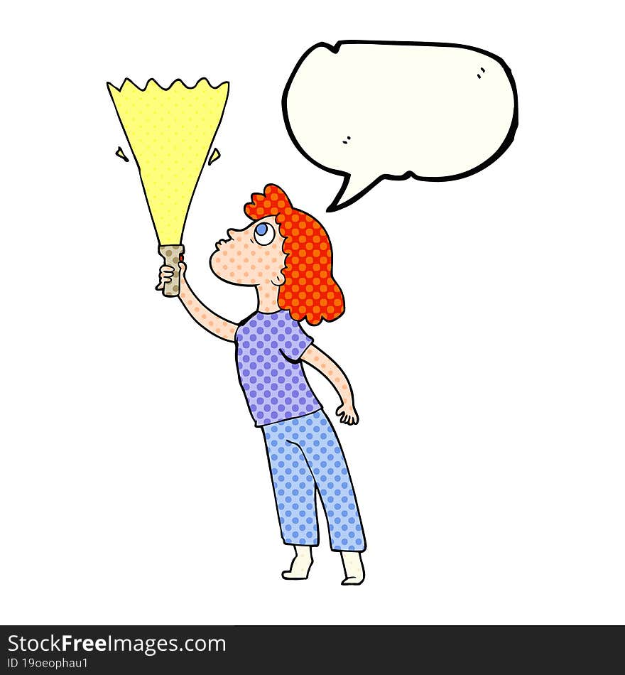 comic book speech bubble cartoon woman searching with torch