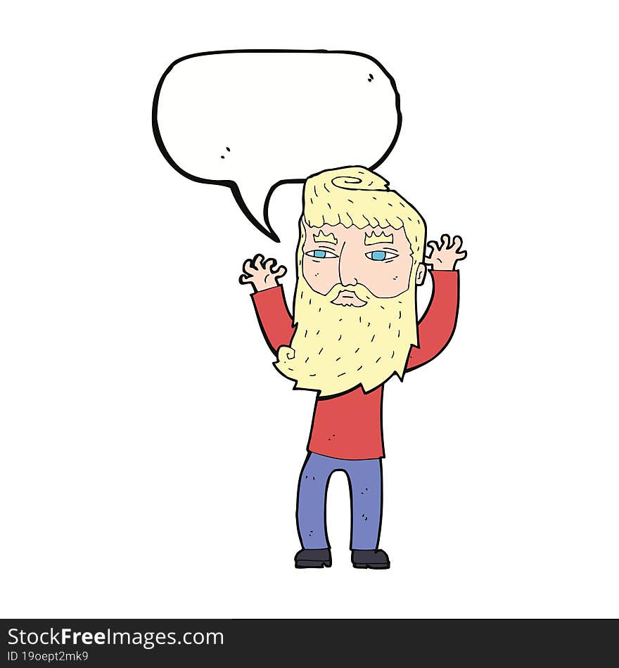 cartoon bearded man waving arms with speech bubble