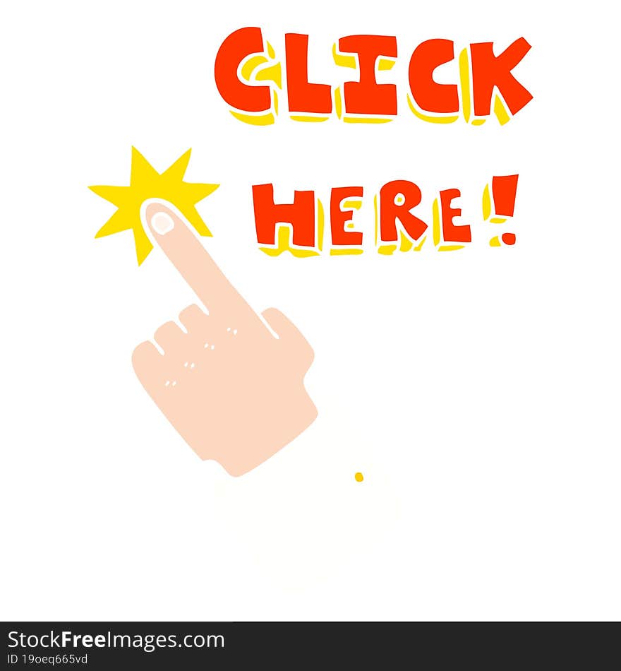 flat color illustration of a cartoon click here sign with finger