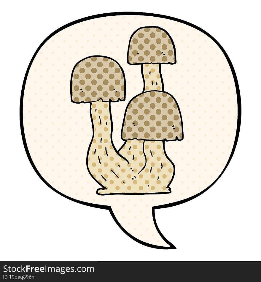 cartoon mushroom and speech bubble in comic book style