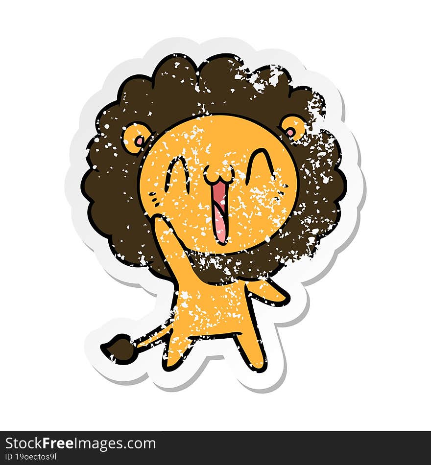 distressed sticker of a happy cartoon lion