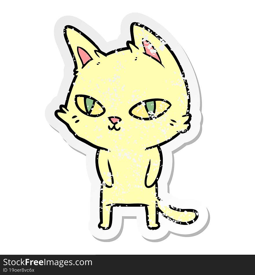 Distressed Sticker Of A Cartoon Cat With Bright Eyes