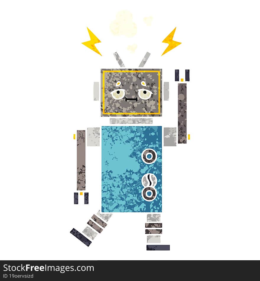 retro illustration style cartoon malfunctioning robot