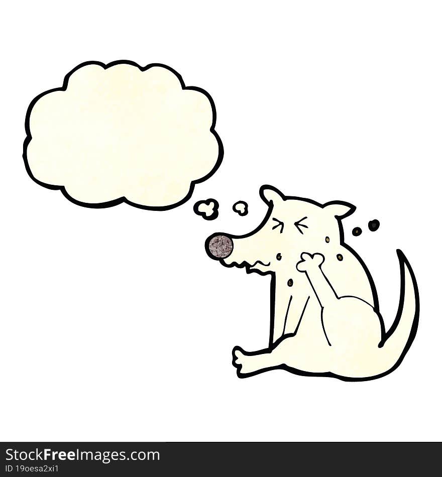 cartoon dog scratching with thought bubble