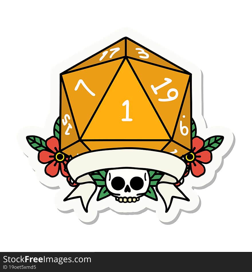 sticker of a natural one d20 dice roll. sticker of a natural one d20 dice roll